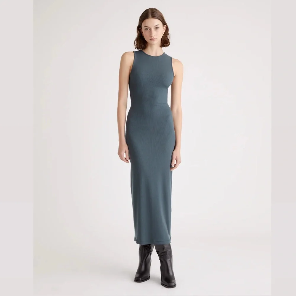Quince Tencel Rib Knit Dark Olive Tank Midi Dress size medium - Picture 1 of 7